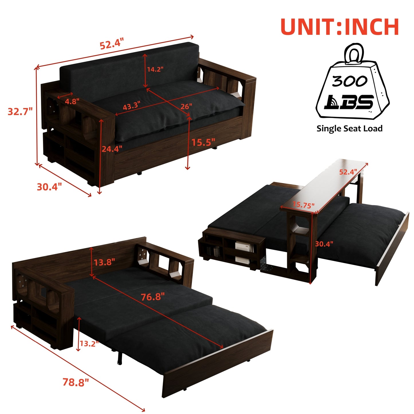 3-in-1 Convertible Sleeper Sofa Bed,Modern Velvet Loveseat Couch with Pull Out Bed,Small Love Seat Futon Sofa Bed with Convertible Office Desk,Black