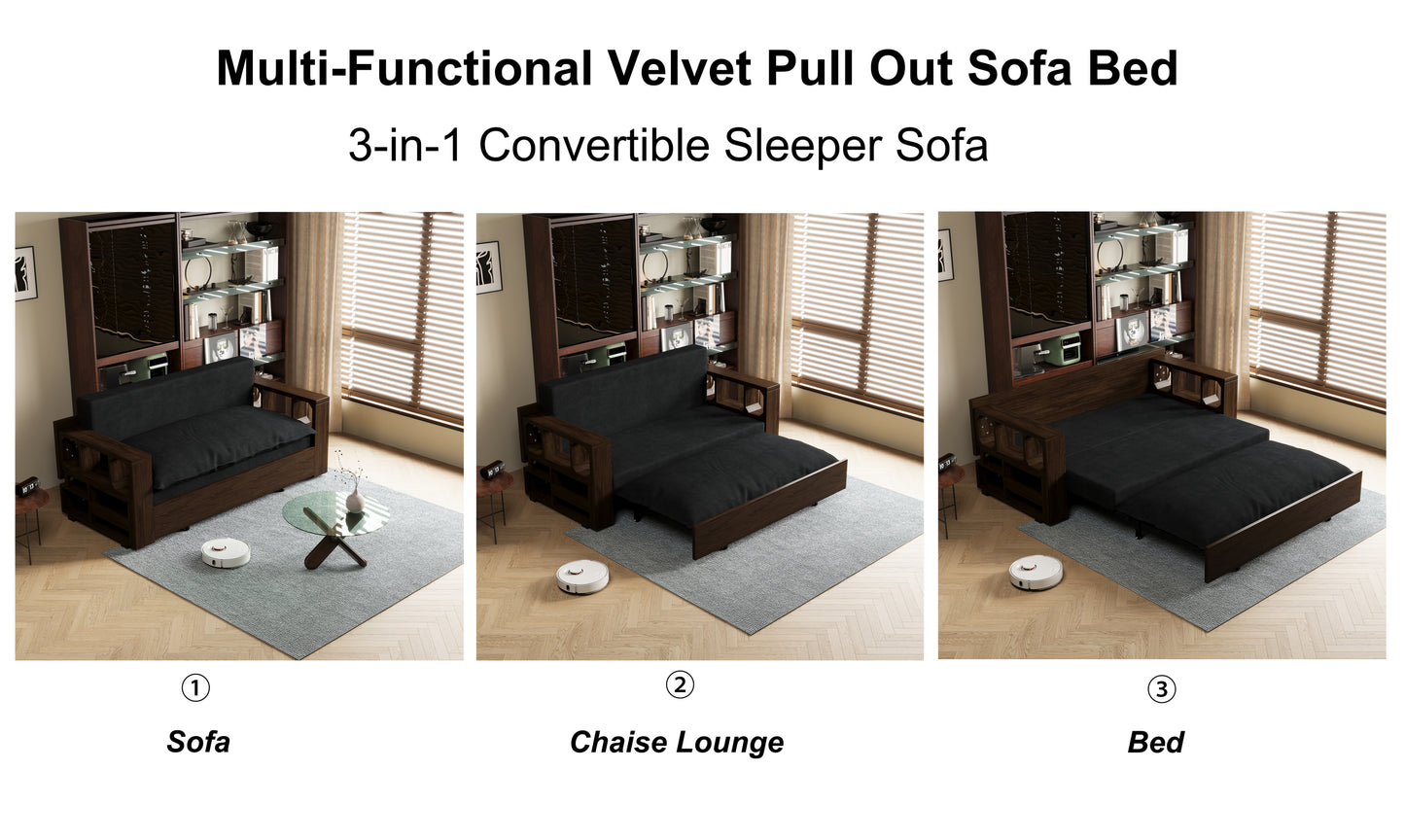 3-in-1 Convertible Sleeper Sofa Bed,Modern Velvet Loveseat Couch with Pull Out Bed,Small Love Seat Futon Sofa Bed with Convertible Office Desk,Black