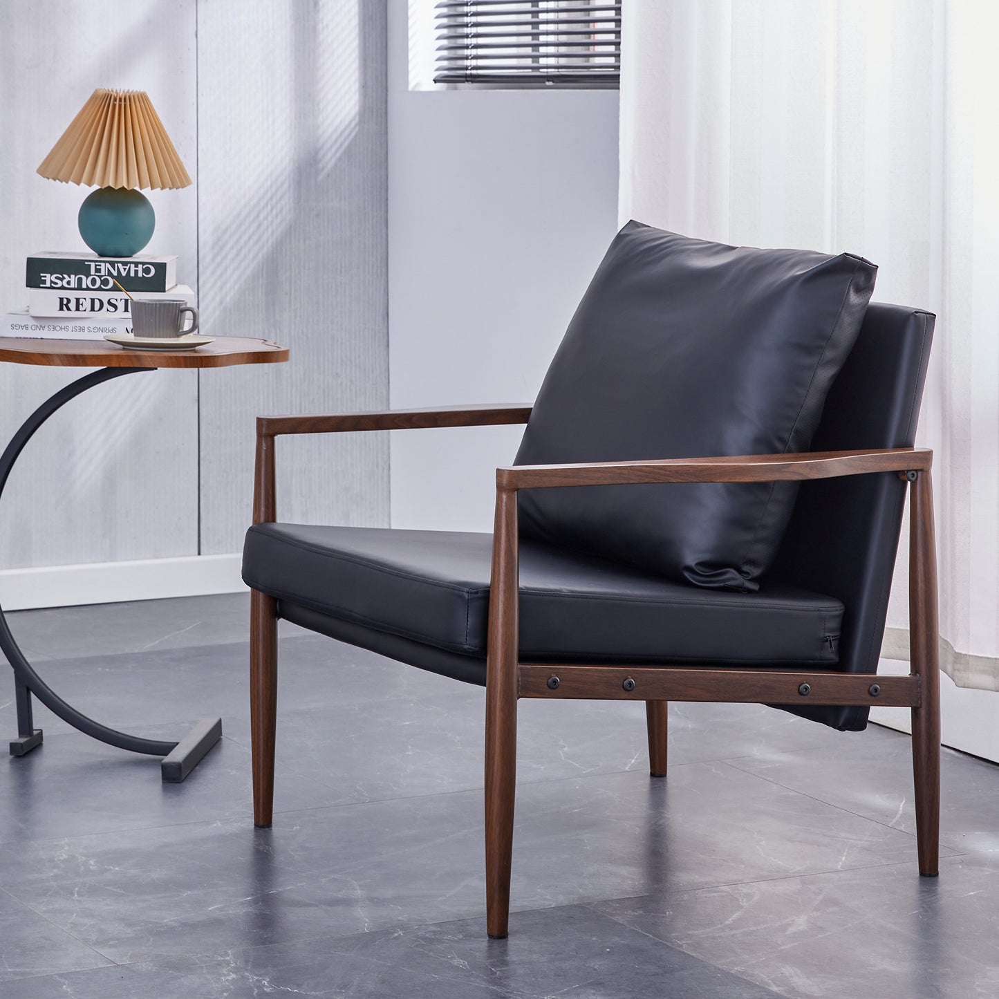 Sofa Chair.Black PU Leather Accent Arm Chair Mid Century Modern Upholstered Armchair with Imitation solid wood color Metal Frame Padded Backrest and Seat Cushion Sofa Chairs for Living Room