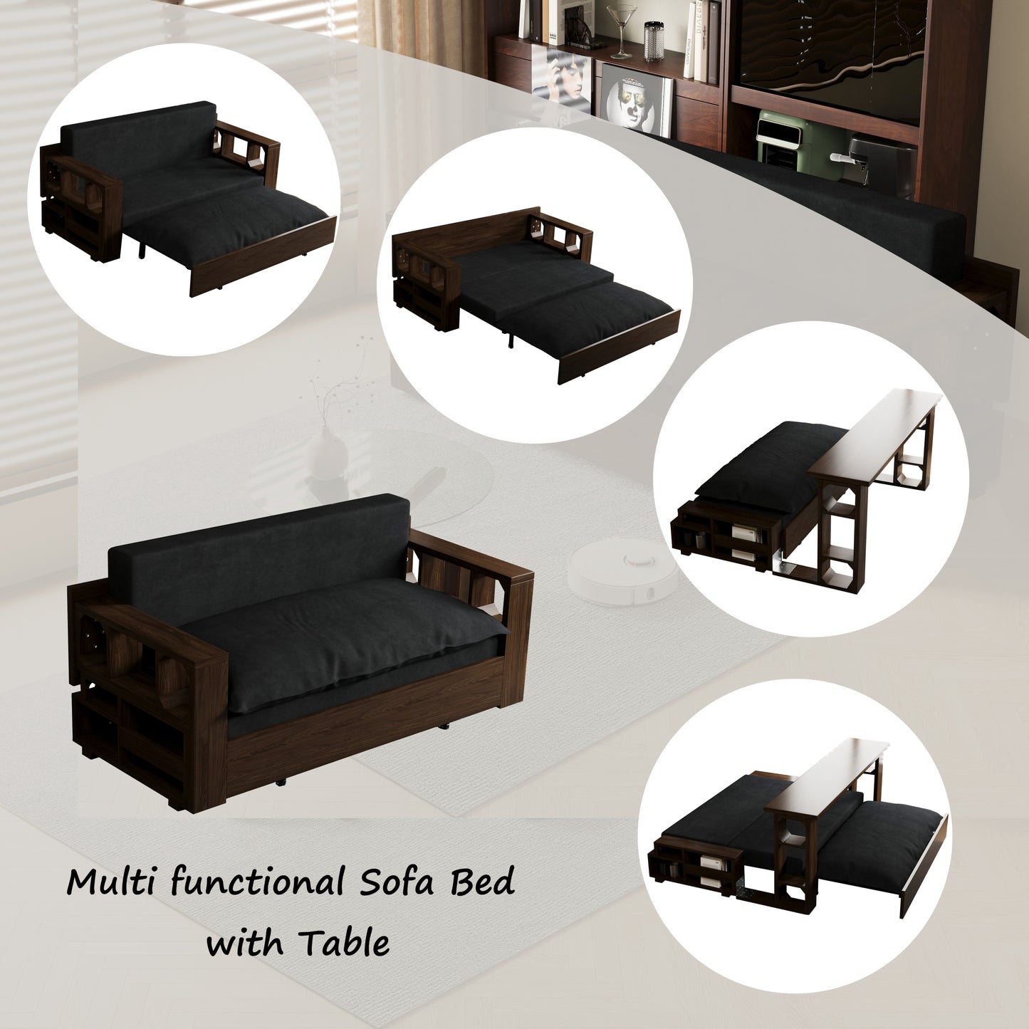 3-in-1 Convertible Sleeper Sofa Bed,Modern Velvet Loveseat Couch with Pull Out Bed,Small Love Seat Futon Sofa Bed with Convertible Office Desk,Black